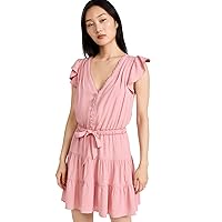 PAIGE Women's Rosalee Mini Dress Tiered Skirt Covered Button in Lipstick Pink