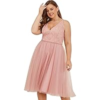 Women Plus Size Floral Lace & Flowy Tulle Tea Length Cocktail Party Dress
