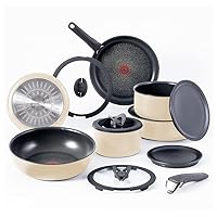 T-fal Ingenio Nonstick Cookware Set 14 Piece, Induction Oven Broiler Safe 500F, Cookware, Pots and Pans, RV, Camping, Oven, Broil, Dishwasher Safe, Detachable Handle, French Vanilla