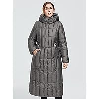 2022 Women's Plus Size Coats Fashion Plus Dual Pocket Tape Patched Detail Hooded Winter Coat Work Leisure Fashion Comfortable Warm (Color : Silver, Size : X-Large)