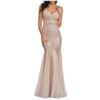 Womens Sexy Sequin Mermaid Dresses for Evening Party Sleeveless V Neck Sparkly Fishtail Maxi Dresses Wedding Dress