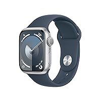 Watch Series 9 [GPS 41mm] Smartwatch with Silver Aluminum Case with Storm Blue Sport Band S/M. Fitness Tracker, ECG Apps, Always-On Retina Display, Water Resistant