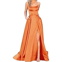 Women's Satin Prom Dresses Long Ball Gown with Slit Backless Spaghetti Straps Halter Formal Evening Party Dress (Orange,16 Plus,US,Numeric,16,Regular,Regular)