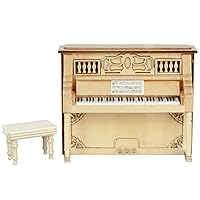 Dollhouse Upright Piano Cream & Stool Miniature Music Room School Instrument