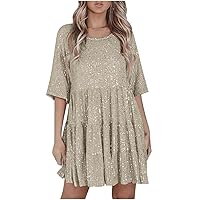 Women Sequin Dress Sparkly Short Sleeve Flowy Fashion Summer Mini Dress Loose Shiny Glitter Party Club Night Out Dress
