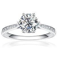 1ct 1.5ct 2ct Moissanite Engagement Rings for Women, D Color Round Solitaire Lab Created Diamond Ring 18K White Gold Plated 925 Sterling Silver Wedding Promise Rings