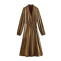 Women Vintage V Neck Solid Metal Color Lace Up Casual Slim Midi Dress Kimono A Line Dress