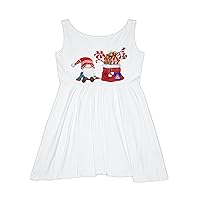 Women's Skater Dress (AOP), with Christmas elf Design and Gift Bag in White Dress.