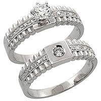 Sterling Silver 2-Piece Engagement Ring Set CZ Stones Rhodium Finish, 1/4 in. 6 mm, Sizes 5-10