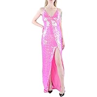 Womens Pink Sequined Zippered Slitted Padded Lined Spaghetti Strap V Neck Full-Length Formal Gown Dress Juniors XXS