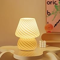 Mushroom Lamp-Small Bedside Table Lamp with Striped Glass, Nightstand Night Light for Bedroom Living Room, 3000K 6.5W Bulb Included, Gift for Christmas Day, Creamy Yellow