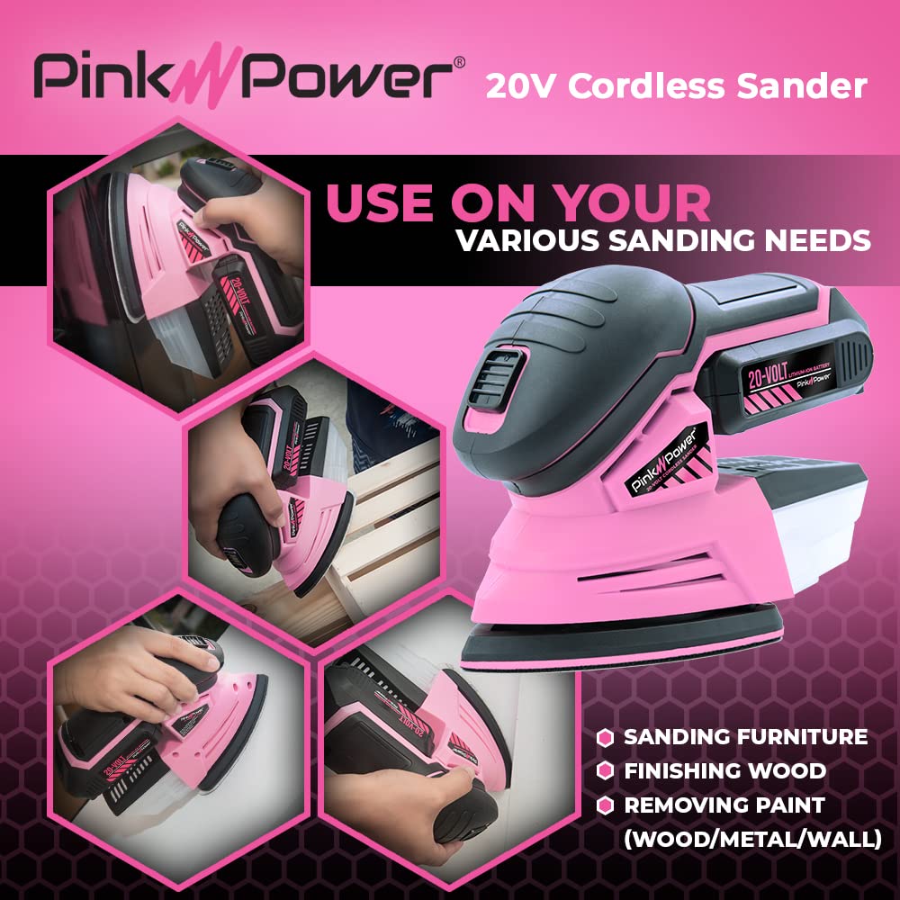 Pink Power Detail Sander for Woodworking 20V Cordless Electric Hand Sander for Wood Furniture - Mini Palm Sander Tool with Sandpaper, Li-Ion Battery & Charger - Small Handheld Sanding Machine