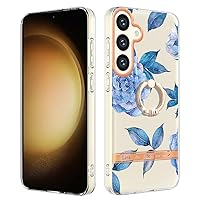 Compatible with Galaxy S24 Plus Clear Phone Case, TPU IMD Personalized Blue Peony Flower Series Slim Cases Scratch-Proof Shockproof Back Protective Cover with Ring Holder for Samsung S24+ 5G