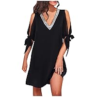 Womens Cold Shoulder Bow Tie Short Sleeve Tunic Dresses Summer Casual Dressy Sequins V Neck Swing Pencil Knee Dress