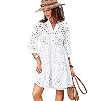 2023 Women's Eyelet Embroidery Lantern Sleeve Ruffle Hem Smock Dress | Women's A Line Boho Dress Liaoruay