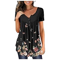 Womens Fashion Short Sleeve Tunic Tops Henley Shirt V-Neck Button Down Blouse Casual Pleated Basic Pullover