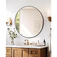 Round Mirror, 24 inch Circle Mirror, HD Eco-Friendly Round Bathroom Mirror for Over Sink, Big Matte Black Metal Framed Wall Mirror for Wall, Vanity, Entryway, Hallway, Living Room, Easy to Install