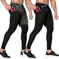 Odoland 2 Pack Mens Compression Running Pants, 2 in 1 Quick Dry Athletic Workout Sweatpants Shorts Gym Leggings with Pocket