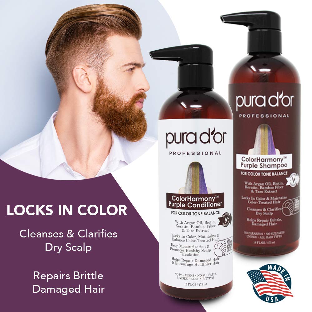 PURA D'OR Purple Shampoo & Conditioner (16oz x 2) ColorHarmony Biotin Set For Bleached, Blonde, Silver & Color Treated Hair - Keratin, Bamboo Fiber, No Sulfates, Natural Ingredients - Men & Women