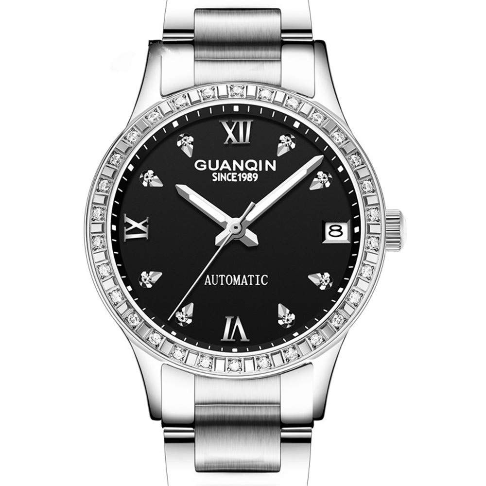 Guanqin Fashion Women Rhinestone Automatic Self Winding Luminous Date Wrist Watch with Stainless Steel Band