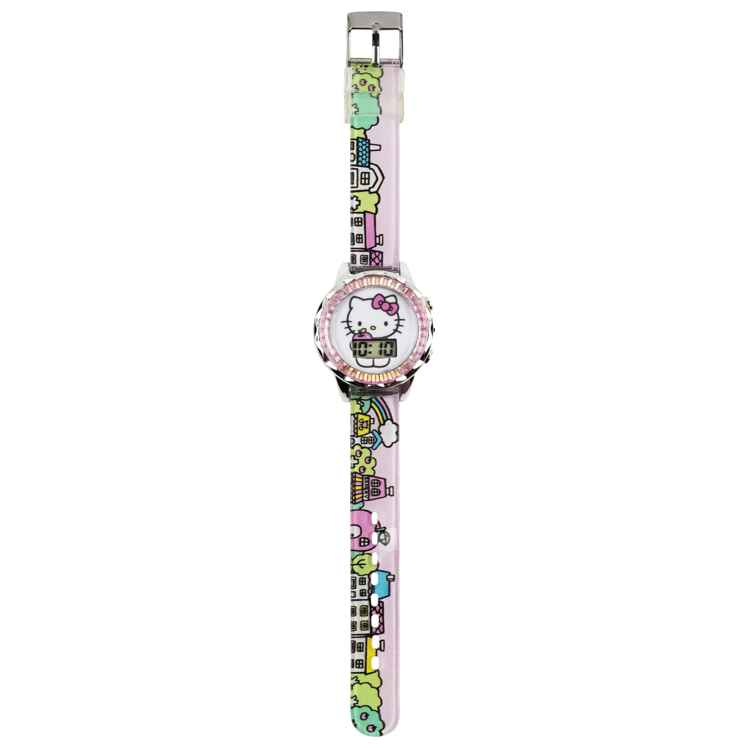 Accutime Hello Kitty Digital LCD Quartz Kids Pink Watch for Girls with All Over Print Band Strap (Model: HK4203AZ)