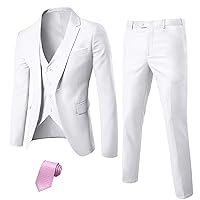 MY'S Men's 3 Piece Solid Suit Set, One Button Slim Fit Jacket Vest Pants with Tie