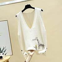 Women V-Neck Knitted Sweater Vest - Embroidery Deer Spring and Autumn Sweater Waistcoat, Ladies Mid-Length Loose Kn