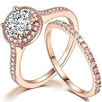 Silver Rose Gold 1.0 Carat Wedding Engaement Eternity Bridal Solitaire Ring Set