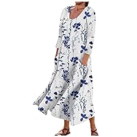 Summer Dresses for Women 2024 Printed 3/4 Sleeve Dress with Pocket Swing Lightweight Beach Dress Flowy Casual Dresses