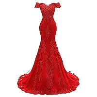 Tsbridal Women's Off Shoulder Evening Gown Lace Mermaid Beading Sequins Appliques Prom Dresses Sweetheart Sleeves