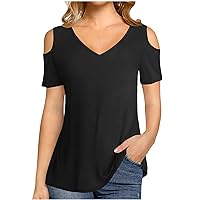 Cold Shoulder Tops for Women Sexy V Neck Tops Workout Tops Loose Fit Casual Flowy Tunic Tops Fashion Basic T-Shirts