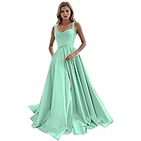 MllesReve Satin Long Women Formal Dresses High Front Slit Prom Dresses with Pockets Evening Ball Gown