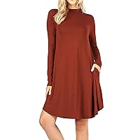 Womens & Plus Mock Neck Long Sleeve Flared A-Line Tunic Midi Dress with Pockets
