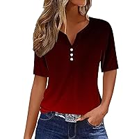 Summer Tops for Women Trendy V Neck Button Down T Shirts Short Sleeve Dressy Blouses Loose Fitting Tunic Tops