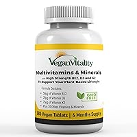 Vegan Multivitamins & Minerals with High Strength Vitamin B12 & Vegan D3. 180 Multivitamin Tablets - 6 Months Supply. Vitamins for Vegans & Vegetarians