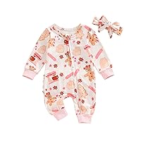 Newborn Baby Girl Christmas Outfit Gingerbread Onesie Zipper Romper Jumpsuit Xmas Outfit Fall Winter Clothes (Gingerbread-Pink,0-3 Months)
