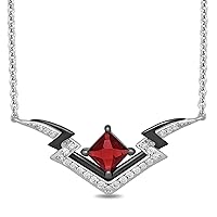 Jewelili Enchanted Disney Fine Jewelry The devil is in the Details Sterling Silver and Black Rhodium 1/6 cttw Diamond and Garnet Disney Cruella Live Action Necklace, Metal, Garnet