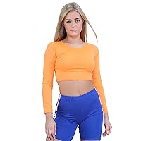 Womens Crew Neck Long Sleeve Crop Top Plain T Shirt Tops Ladies Summer Top 8-14 Orange