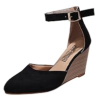 Ladies Fashion Closed Toe Solid Suede Pointed Wedge Heel Thick Bottom Buckle Sandals Walk Pro Sandals for Women