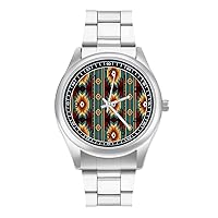 Ethnic Tribal Navajo Pattern Fashion Wrist Watch Arabic Numerals Stainless Steel Quartz Watch Easy to Read