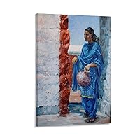 AAHARYA Indian Woman in Blue Costume Art Painting Poster Punjab Mural, Indian Artwork South Asian Art Canvas Painting Wall Art Poster for Bedroom Living Room Decor 16x24inch(40x60cm) Frame-style