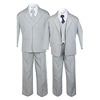 6pc Boy Gray Vest Set Suit with Satin Navy Necktie Outfit Baby to Teen (16)