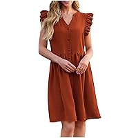 Dress for Juniors Winter Fall Ruffle Cap Sleeve Vneck Rayon Midi Knee Length Ruched Cardigan Basic Dress Women 2024