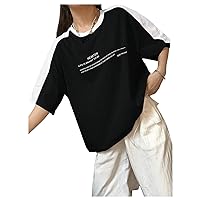 Floerns Women's Slogan Print Contrast Binding Half Sleeve Oversized Tee Shirts