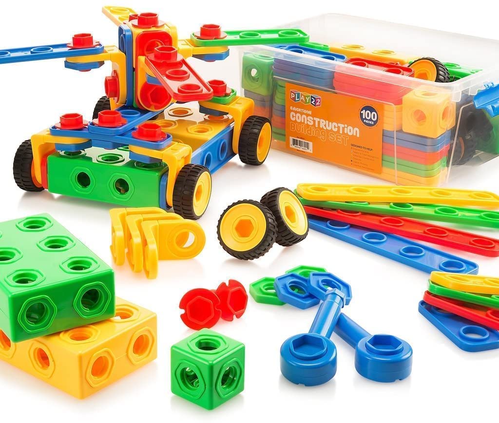 Play22 100Pc Building Blocks for Toddlers Stem Toys - Building Construction Toys for Boys and Girls Ages 3 4 5 6 7 8 9 10 - Educational Toys Set with Nice Storage Box - Original