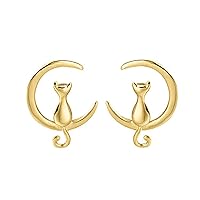 Cat on Moon Stud Earrings 14K Gold Plated Crescent Moon Cat Earrings Cat Gifts
