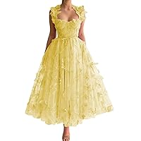 WilFiks 3D Butterflies Applique Prom Dresses Spaghetti Straps Lace Tulle Long Ball Gowns for Women Formal Dress Tea Length