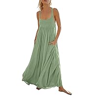 Sundresses for Women 2024 Summer Sleeveless Dress Pleated Casual Maxi Dresses with Pockets