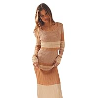 Women Sexy Knitted Off Shoulder Long Sleeve Bodycon Long Dresses Summer Y2K Maxi Dress