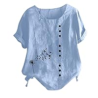 Amazon Essential Cotton Linen Summer Shirts for Women Dressy Casual Button Down Loose Blouse Tees 2024 Spring Floral Print Short Sleeve Cute Tops Lightweight Workout Crewneck T-Shirts